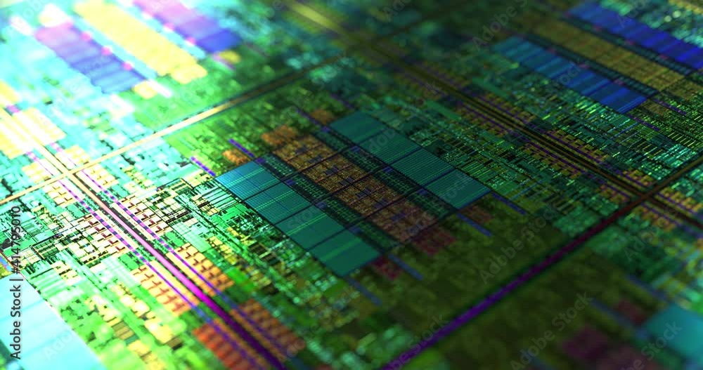 Poster cpu, gpu die chip on silicon wafer camera zoom. central processing unit, cpu or graphic chip unit, g