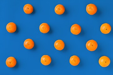 Fruit pattern of fresh orange tangerine or mandarin on blue background. Flat lay, top view. Pop art design, creative summer concept. Citrus in minimal style.
