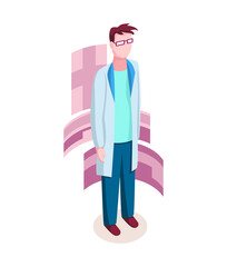 Medicine researcher isometric. Doctor considers the results of research. Isometric vector illustration kit with people character