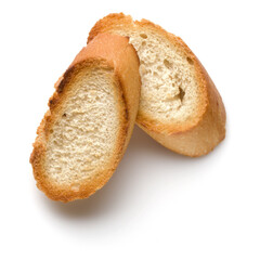 Toasted baguette slices isolated on white background close up.  Toast, crouton.   Top view.