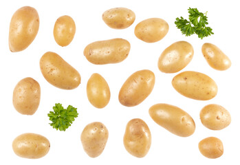 Potatoes and parsley isolated on white background. Top view. Flat lay pattern. Potatoes in air, without shadow.