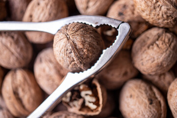 walnuts in shell, walnut hock, cracked walnuts, close-up.
