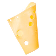 One cheese slice isolated on white background. Top view. Flat lay. Cheese slice in air, without shadow.