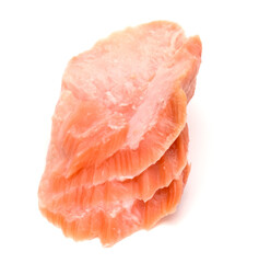 smoked salmon segments isolated on white background cutout. Prepared fish fillet fibres.