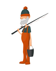 Fisherman fishing with fishing rod. Fishing people with fish and equipment. Vacation concept flat vector icon. Leisure and hobby catching fish