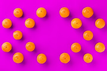 Fruit pattern of fresh orange tangerine or mandarin on lilac background. Flat lay, top view. Pop art design, creative summer concept. Citrus in minimal style.