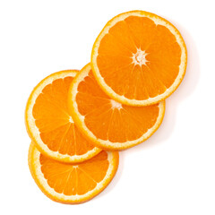 Orange fruit slice  isolated on white background closeup. Food background. Flat lay, top view.