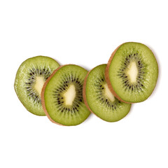 kiwi fruit slices isolated on white background closeup. Kiwifruit slices flatlay. Flat lay, top view.