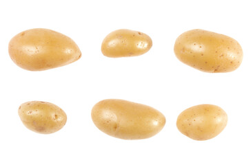 Potatoes set isolated on white background. Top view. Flat lay pattern. Potatoes in air, without shadow.