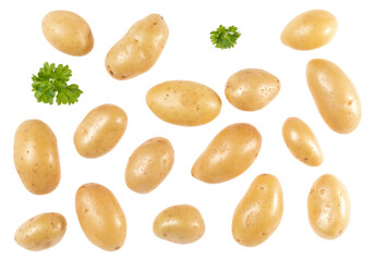 Potatoes and parsley isolated on white background. Top view. Flat lay pattern. Potatoes in air, without shadow.