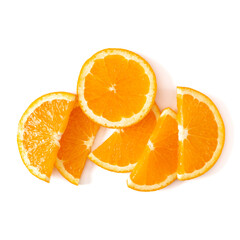 Orange fruit slice  isolated on white background closeup. Food background. Flat lay, top view.