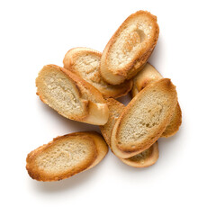 Toasted baguette slices isolated on white background close up.  Toast, crouton.   Top view.