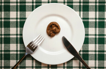 Fake excrement lies on a white plate with fork and knife close-up on green checkered tablecloth. The concept of an inept cook, a crappy restaurant, bad food, fake news. Bad smelling joke.