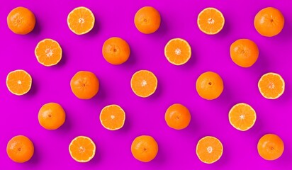 Fruit pattern of fresh orange tangerine or mandarin on lilac background. Flat lay, top view. Pop art design, creative summer concept. Citrus in minimal style.