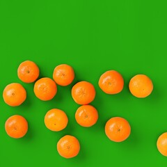 Fruit pattern of fresh orange tangerine or mandarin on green background. Flat lay, top view. Pop art design, creative summer concept. Citrus in minimal style.