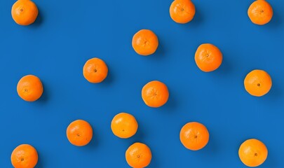Fruit pattern of fresh orange tangerine or mandarin on blue background. Flat lay, top view. Pop art design, creative summer concept. Citrus in minimal style.