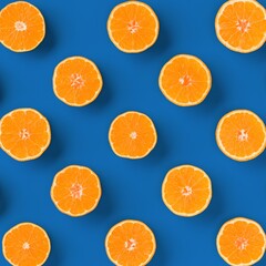 Fruit pattern of fresh orange tangerine or mandarin on blue background. Flat lay, top view. Pop art design, creative summer concept. Citrus in minimal style.