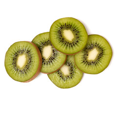 kiwi fruit slices isolated on white background closeup. Kiwifruit slices flatlay. Flat lay, top view.