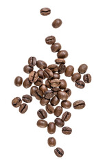 Coffee beans isolated on white background. Top view. Flat lay. Coffee beans flow in air, without shadow.