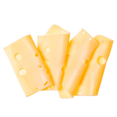 cheese slices isolated on white background. Top view. Flat lay. Cheese slice in air, without shadow.