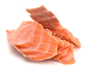 smoked salmon segments isolated on white background cutout. Prepared fish fillet fibres.