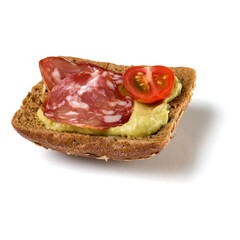 Canape with salami. Open faced sandwich crostini isolated on white background closeup. Appetizer tartarine.