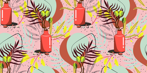 Seamless pattern with leaves and orange bottles. For textile, paper, packaging, wrapping paper, wallpaper. Vector template.