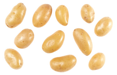 Potatoes isolated on white background. Top view. Flat lay pattern. Potatoes in air, without shadow.
