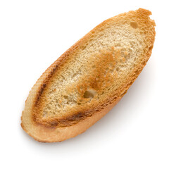 Toasted baguette slice isolated on white background close up.  Toast, crouton.   Top view.