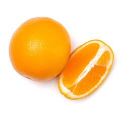 Orange fruit slice  isolated on white background closeup. Food background. Flat lay, top view.