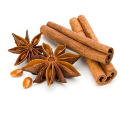 Cinnamon sticks and anise star isolated on white background close up