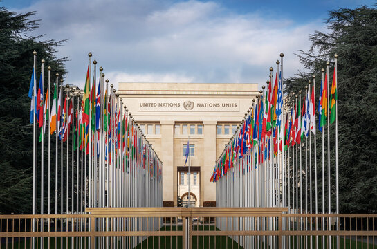 Palace of Nations and Country flags - United Nations Office - Geneva, Switzerland