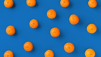 Fruit pattern of fresh orange tangerine or mandarin on blue background. Flat lay, top view. Pop art design, creative summer concept. Citrus in minimal style.