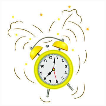  Alarm clock wake-up time morning isolated on white background. Yellow alarm clock set at one close-up. 3d illustration.  Vector illustration EPS 10