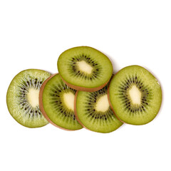 Fototapeta premium kiwi fruit slices isolated on white background closeup. Kiwifruit slices flatlay. Flat lay, top view.