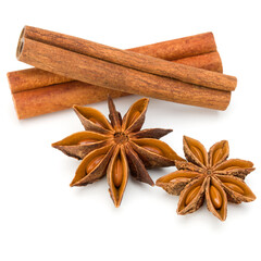 Cinnamon sticks and anise star isolated on white background close up
