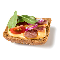 Canape with salami. Open faced sandwich crostini isolated on white background closeup. Appetizer tartarine.