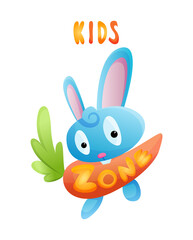 Kids zone. Toys fun playing zone. Playroom banner in cartoon style for children play zone. Children playground game room or play area poster. Children games party center