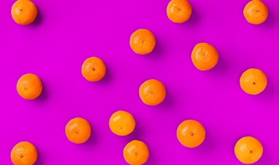 Fruit pattern of fresh orange tangerine or mandarin on lilac background. Flat lay, top view. Pop art design, creative summer concept. Citrus in minimal style.
