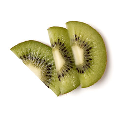 Obraz na płótnie Canvas Three kiwi fruit slices isolated on white background closeup. Half of kiwi slice. Kiwifruit slice, flatlay. Flat lay, top view.
