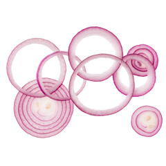  red onion slices isolated on white background. Top view. Flat lay. Red onion slice in air, without shadow.