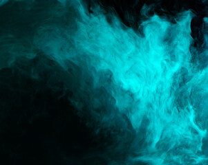 Abstract background of chaotically mixing clouds of turquoise smoke on a background of darkness