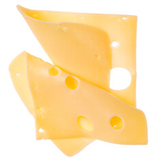 Two cheese slices isolated on white background. Top view. Flat lay. Cheese slice in air, without shadow.
