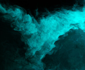 Abstract background of chaotically mixing clouds of turquoise smoke on a background of darkness