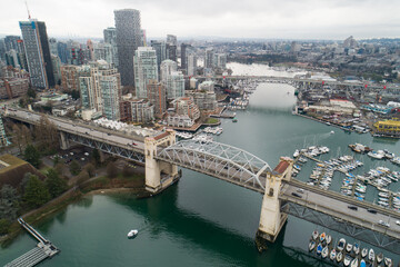 Aerial View of the Burrard Street Bridge and downtown Vancouver, BC.