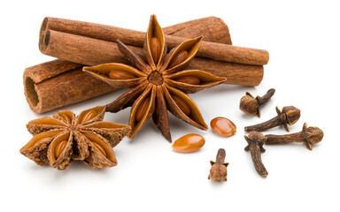 Cinnamon sticks and anise star isolated on white background close up