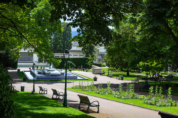 green spring central park view Aix les bains thermal baths town Savoie region France Europe - obrazy, fototapety, plakaty