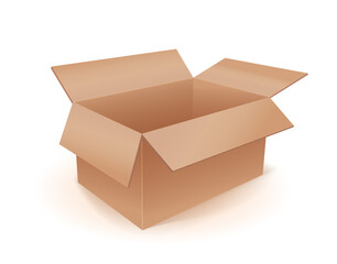 Vector Photo Realistic Empty Cardboard Crat Isolated On White. Perspective View