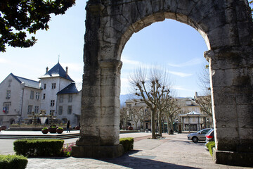 old arch architecture into centre ville Aix les bains town Savoie region France Europe