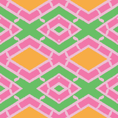 Colorful abstract geometric seamless vector pattern in green, pink, and yellow. Decorative surface print design for fabrics, stationery, scrapbook paper, gift wrap, textiles, and packaging.